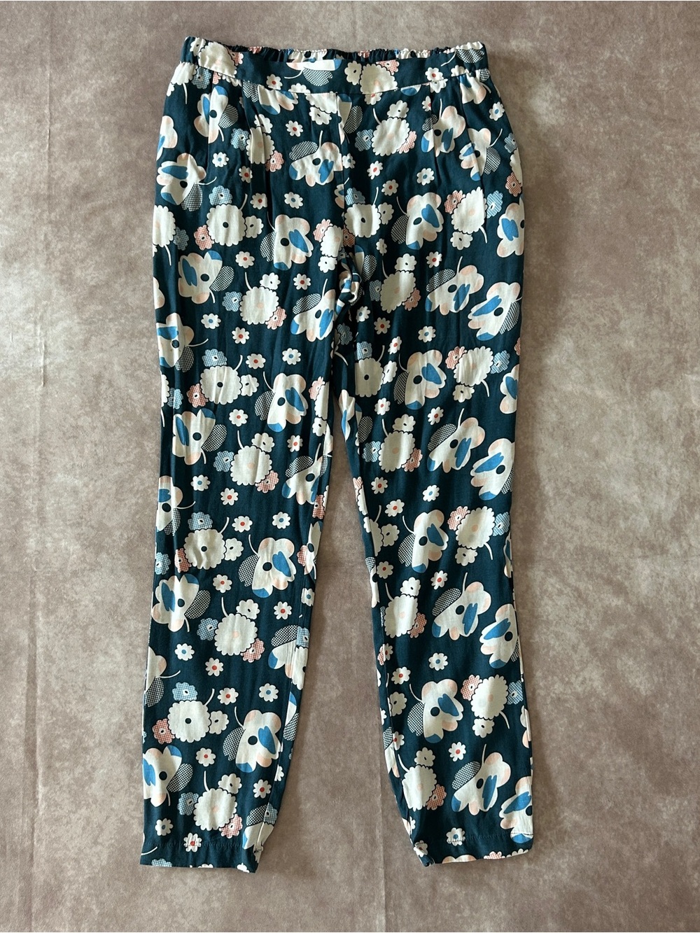 Boden Floral Elastic-Waist Pants Teal Blue Cream Blush Pockets US 8R